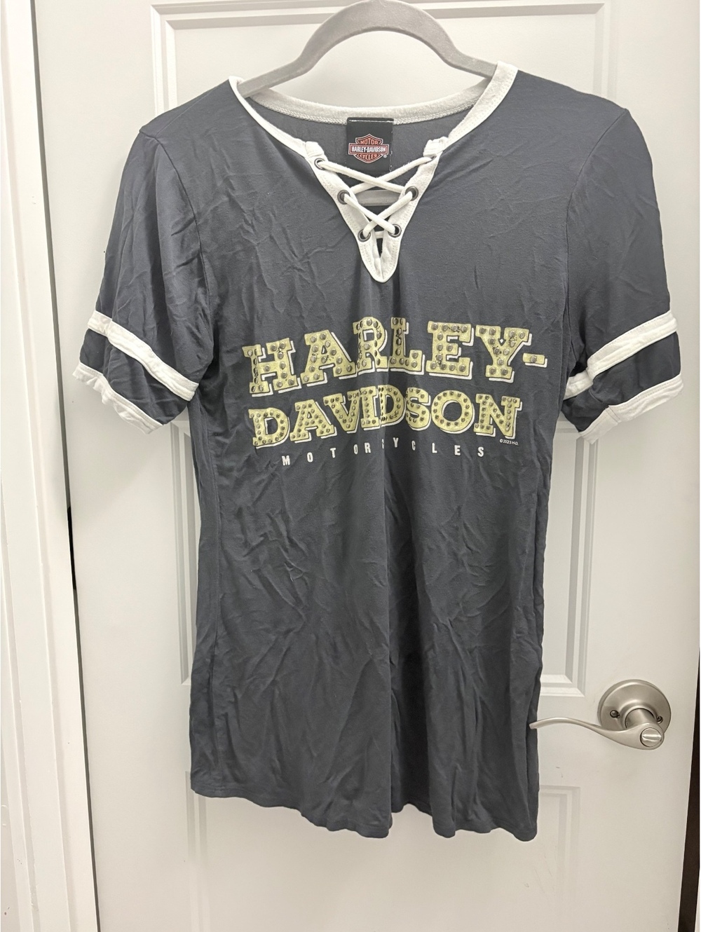 Harley Davidson Studded Lace Up Ringer T Shirt Gray Y2K Biker Moto Top